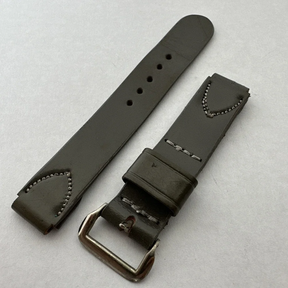 Genuine Shell Cordovan Leather Watch Strap Olive Green 2-Piece Band Silver Buckl